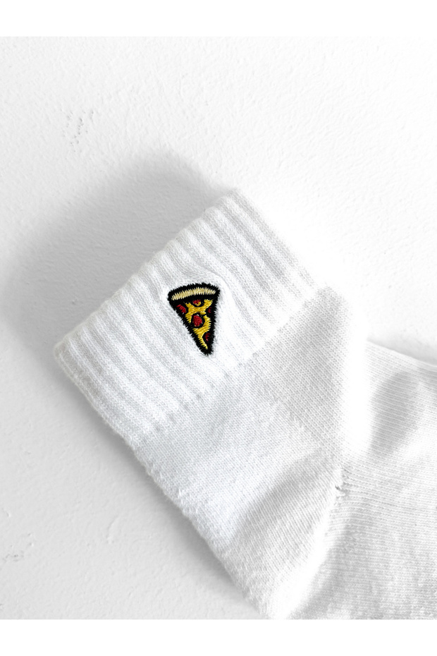 White Pizza Embroidered Half Socks - 2