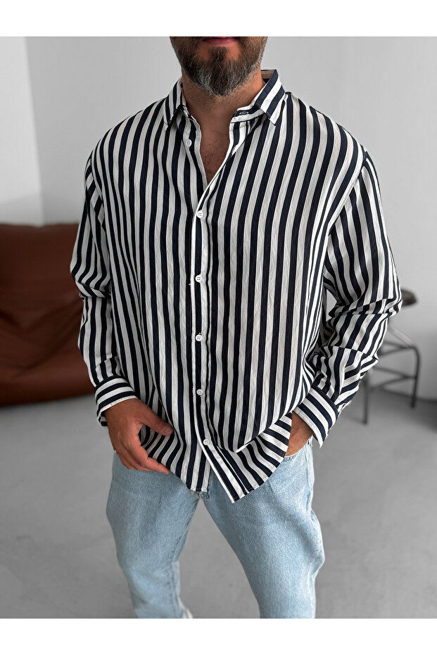 Lacivert Şeritli Gömlek RES-5199 - 4
