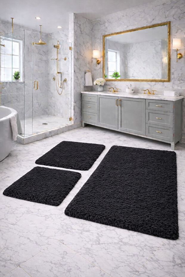 Plush , Pufy , Soft, Non-Slip Sole , Washable , 60X100-60X50-30X40 Cm, 3-Piece Bathroom Set
