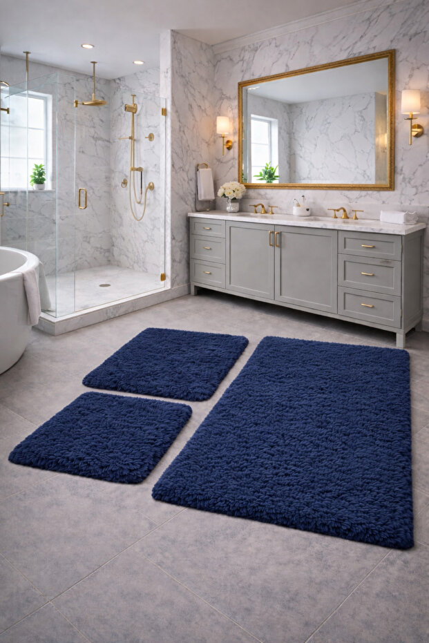 Plush , Pufy , Soft, Non-Slip Sole , Washable , 60X100-60X50-30X40 Cm, 3-Piece Bathroom Set