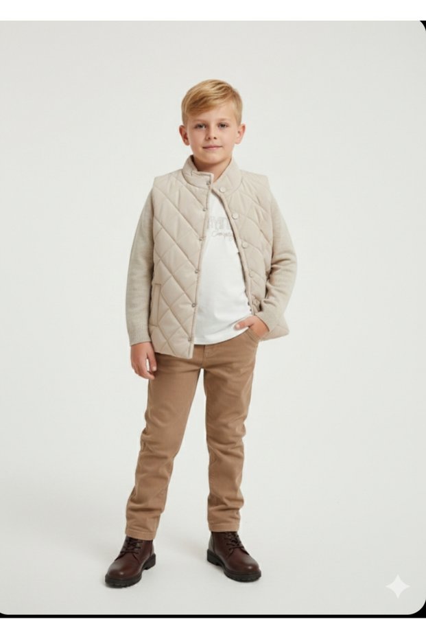 Boy's Quilted Vest Long Sleeve T-Shirt Mercerized Jacket Linen Pants Four-Piece Set