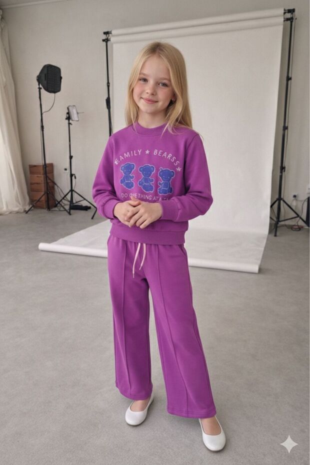 Girl's Cute Teddy Bear Family Bears Printed Tracksuit Set – Casual Comfortable Combination Set