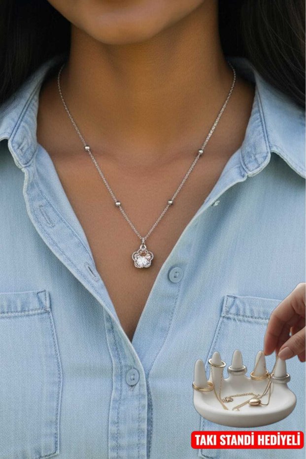 Pink Stone Detailed Steel Women's Necklace – Stylish and Elegant Necklace Model – Does Not Tarnish – Comes with a Jewelry Stand Gift