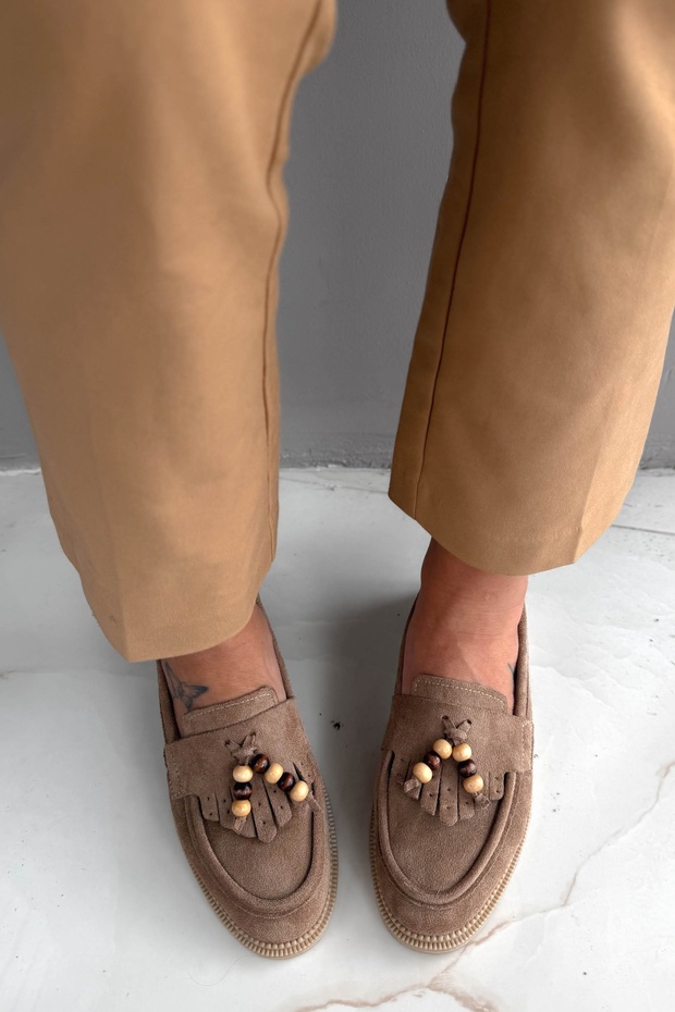 Bubble Beige Suede Tassel Bead Detailed Women's Loafers