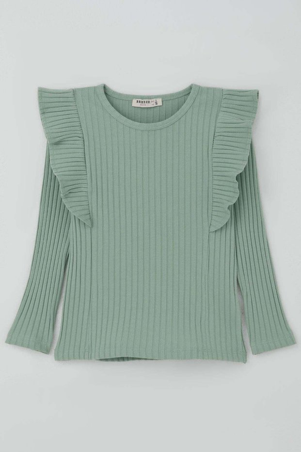 Girls' Long Sleeve T-Shirt with Ruffles 2-6 Years, Aqua Green