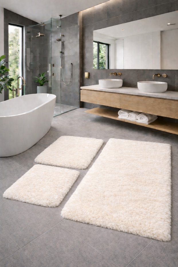 Plush , Pufy , Soft, Non-Slip Sole , Washable , 60X100-60X50-30X40 Cm, 3-Piece Bathroom Set