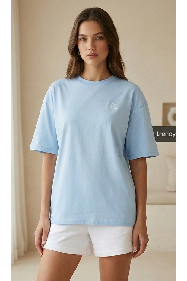 Lıvo Oversized T-Shirt Shorts Set Embroidered Cotton Piece Comfortable Cut Casual Two-Piece Set