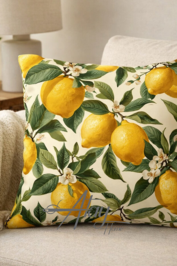 Lemon Patterned Decorative Throw Pillow Cover Double-Sided 43X43 cm – Natural Citrus Design Sofa Cushion Cover