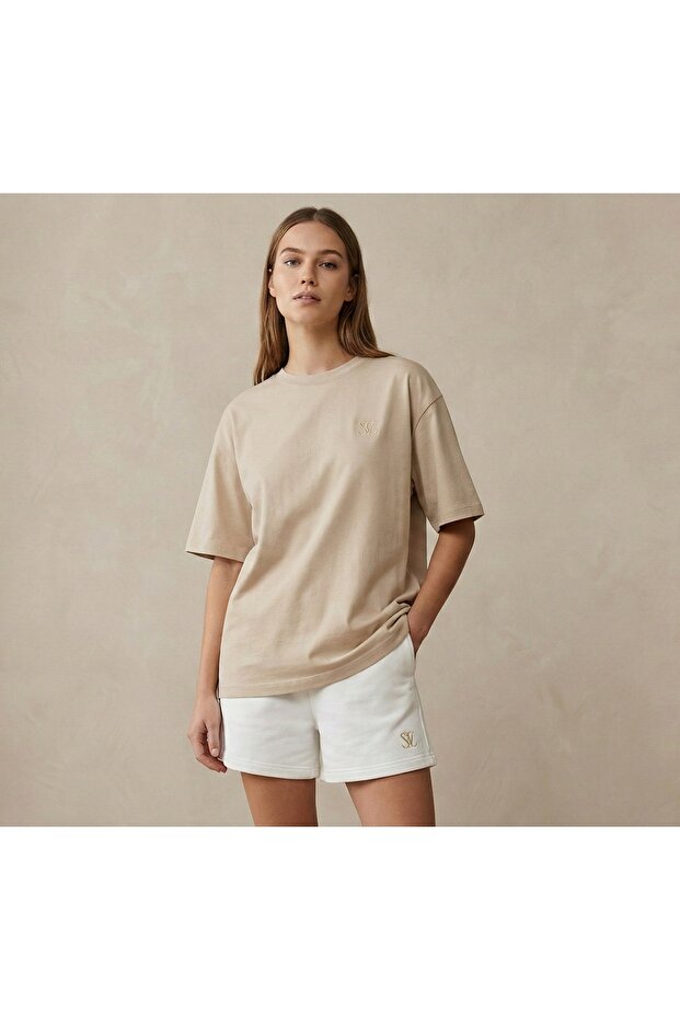 Lıvo Oversized T-Shirt Shorts Set Embroidered Cotton Piece Comfortable Cut Casual Two-Piece Set