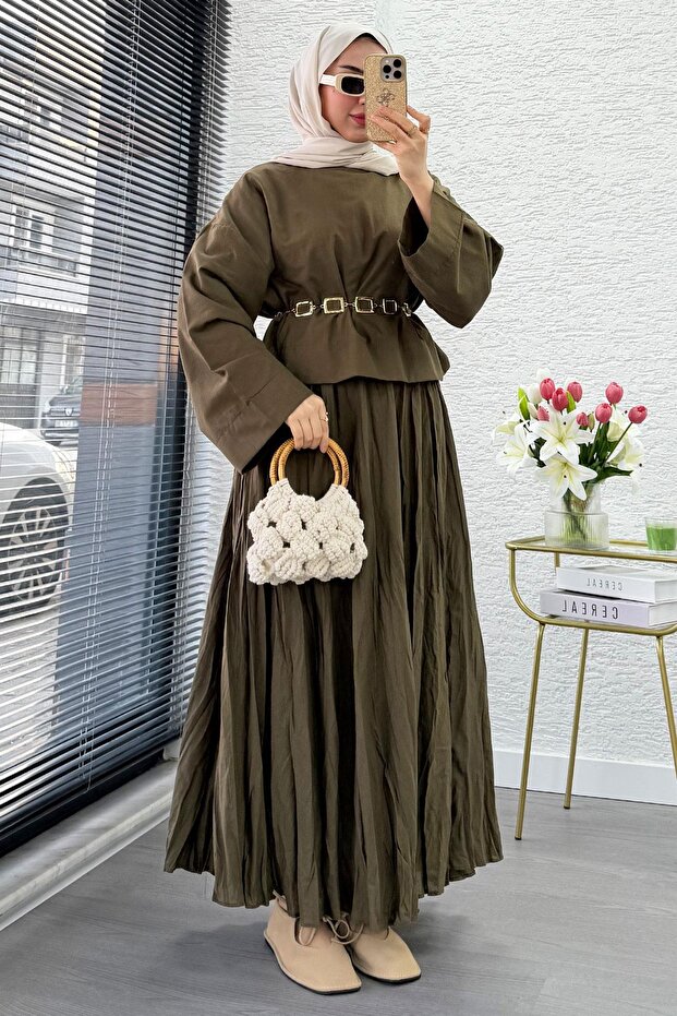 Premium Vual Crush Skirted Double Suit Set – Khaki