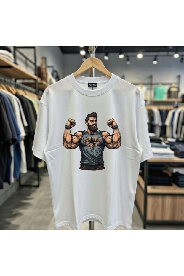 Muscular Bady Gym Sport Printed 100% Cotton Oversized Loose Fit Regular Fit Crew Neck T-Shirt