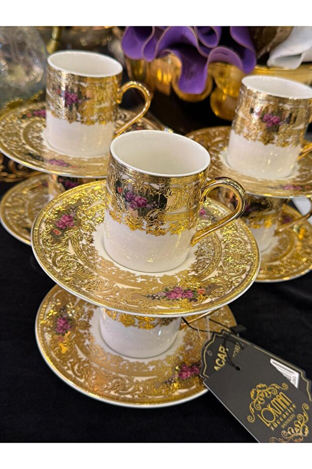 Acar Plus 24K Gold Golded Engraved Coffee Cup Set for 6 People (Maxi̇ne)