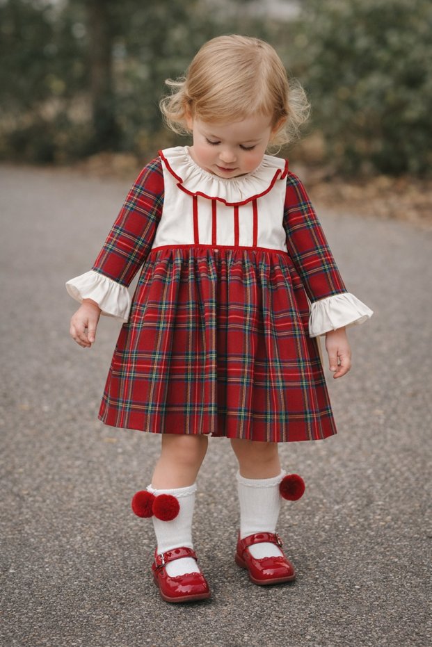 Red Plaid Ruffle Peter Pan collar and Sleeve Design (6-24 Months) Very Stylish Baby Dress - 100% Cotton Lining