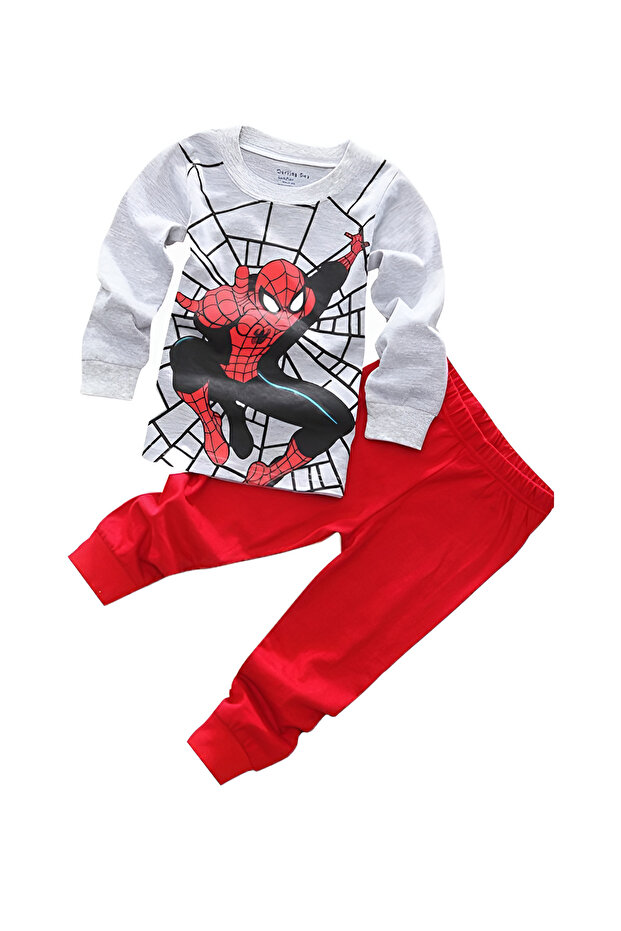 Boys Web Warrior Pajama Set – Long Sleeve Cotton Blend, Grey & Red, 3–7 Years