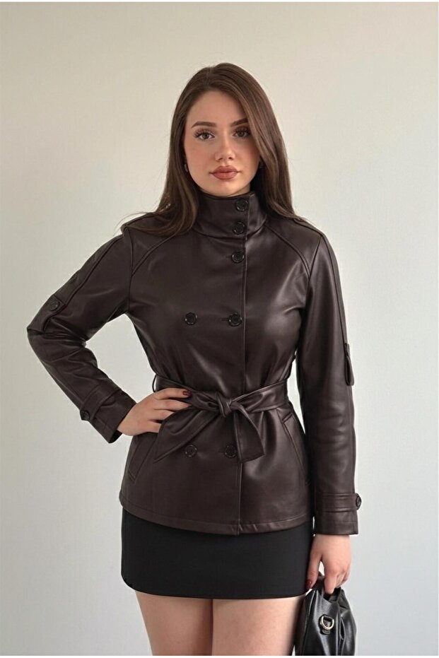 New Season Mock Neck Short Leather Trench Coat