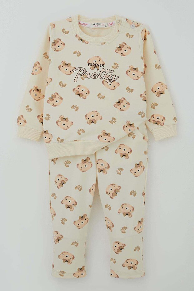 Baby Girl Tracksuit Set with Cute Bow and Teddy Bear, Patterned 6 Months-2 Years, Cream