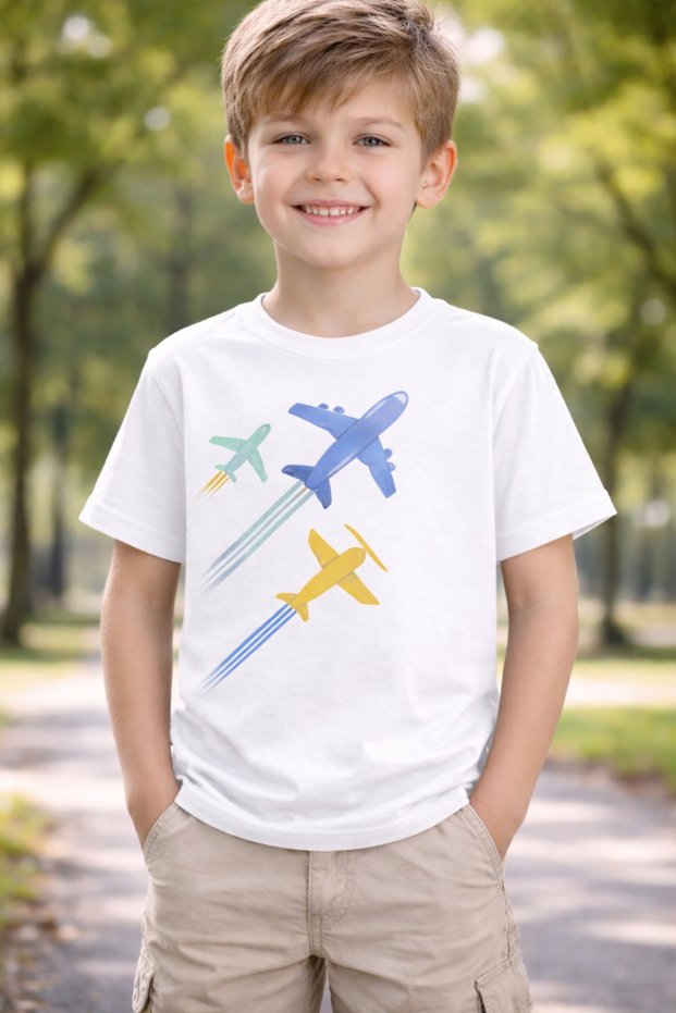 Airplanes Printed Crew Neck Unisex Children's T-Shirt Pack of Cotton