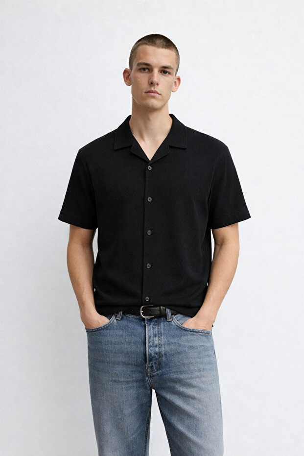 Men's Patterned Stretchy Cotton Pack Black Loose Fit Shirts
