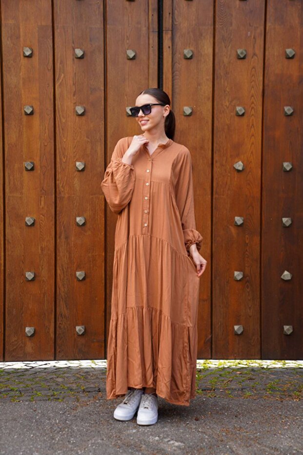 High Neck Ruched Maxi Dress - Brick Color