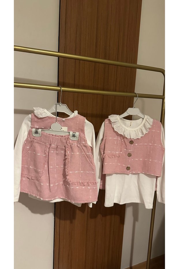 Girl's Pink Skirt Vest Set with Lace Collared Blouses Stylish Set