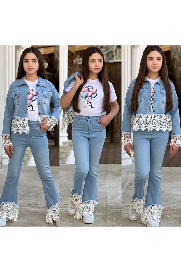 Girl's Guipure Lace 3-Piece Denim Set - Flared Jean Jacket and T-shirt, Three-Piece Holiday Outfit