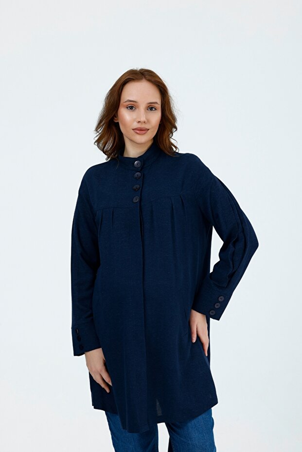 Maternity Pocketed Tunic Shirt, Linen Viscose Blend Fabric, Collar and Cuff Button Detailing