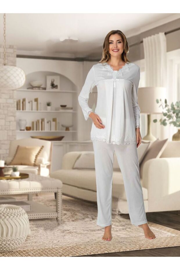 Dvina Maternity Lace Collared and Long Sleeve Pajama Set - Ecru