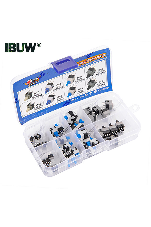 40PCS 40PCS 8Values Push Tactile Micro Switch Kit 6Pin Self-Locking/Unlocked for Electronics DIY Pro