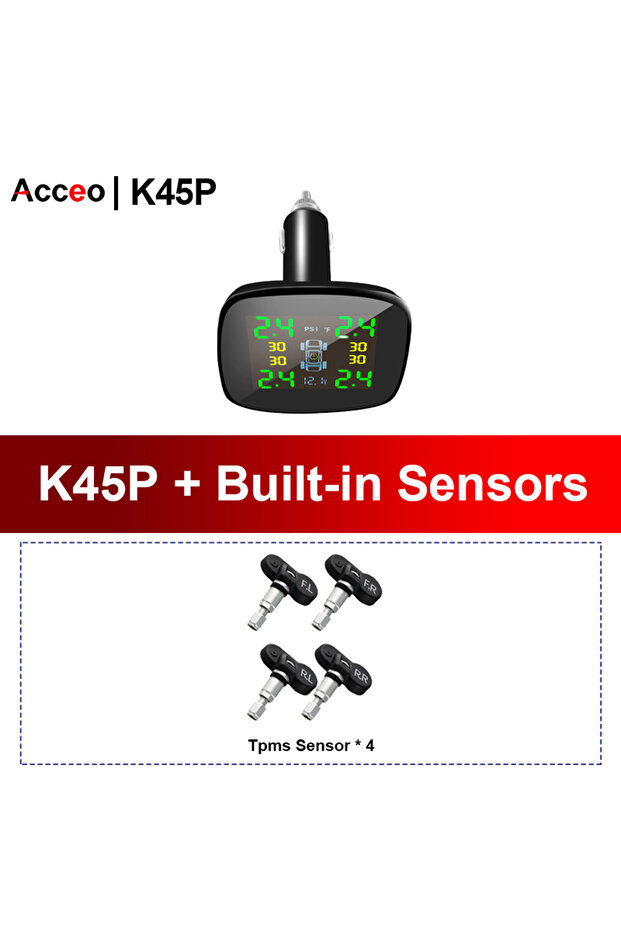 Built-in Sensor-K45P ACCEO Car TPMS Tire Pressure Monitoring System 4 Sensors Cigarette Lighter Powe