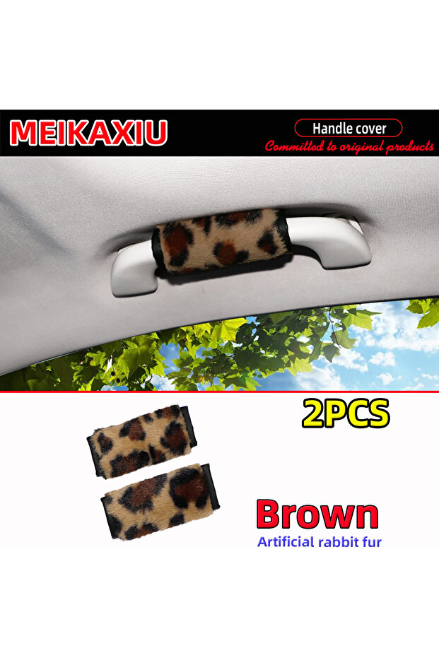 Brown Leopard Print Plush Car Handle Cover Warm Winter Grip Protector Hand Strap Fashionable Car Acc
