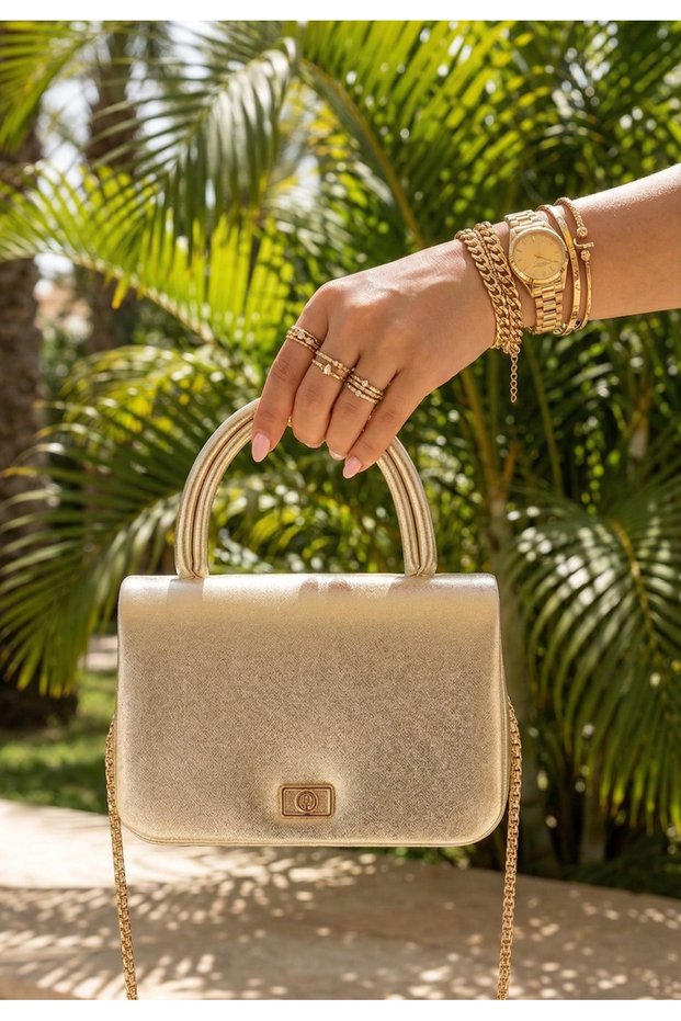 Women's Gold Mini Box Handbag with Side Cross Strap and Handle Modern Stylish Women's Bags