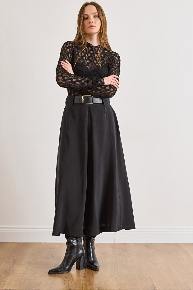 Women's Anthracite Modal Pocketed Belt Pack Pleated Flared Skirt Etk-19000406