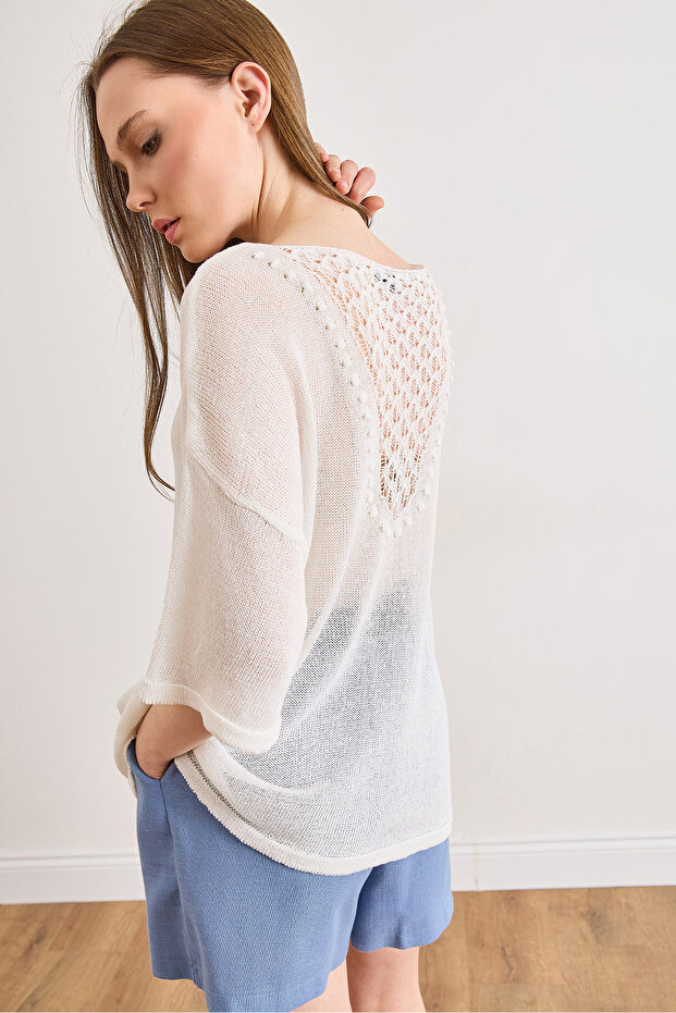 Women's White Backless Lace Look Cotton Piece Knitwear Blouse Blz-19003260