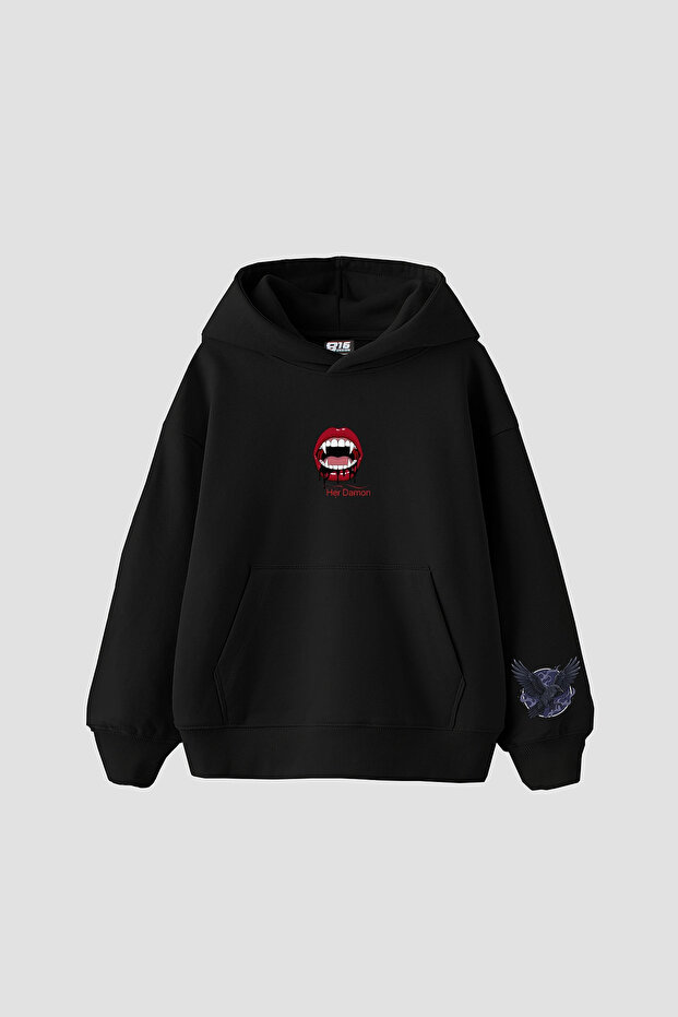 Her Damon Printed Oversize Unisex Black Hoodie
