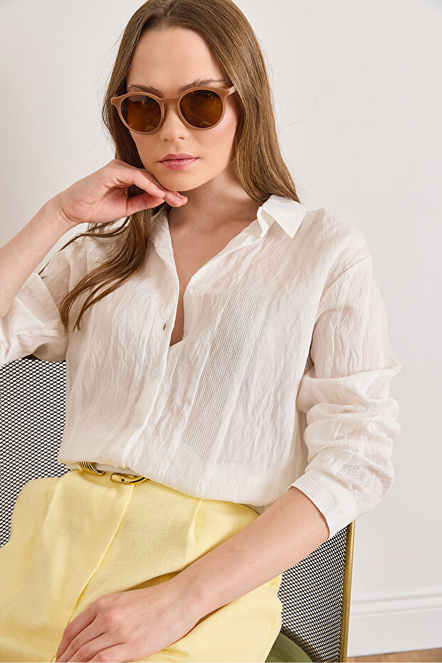 Women's White Patch Textured Long Sleeve Shirt Gml-19001428