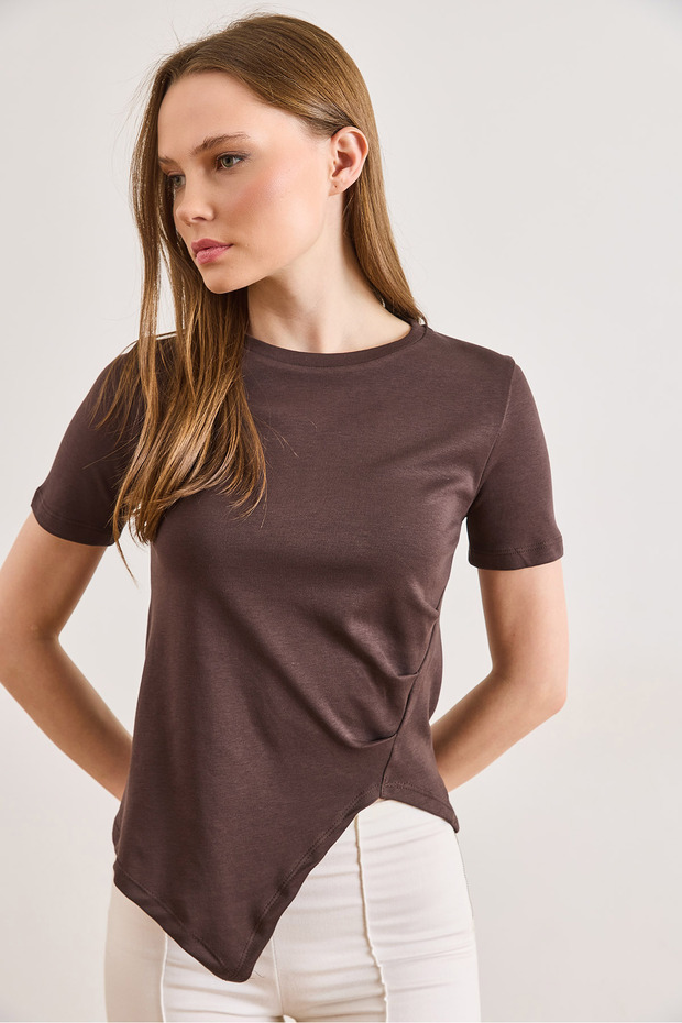 Women's Brown Drape Detailed Asymmetrical Cut Cotton T-Shirt Tsh-19000947