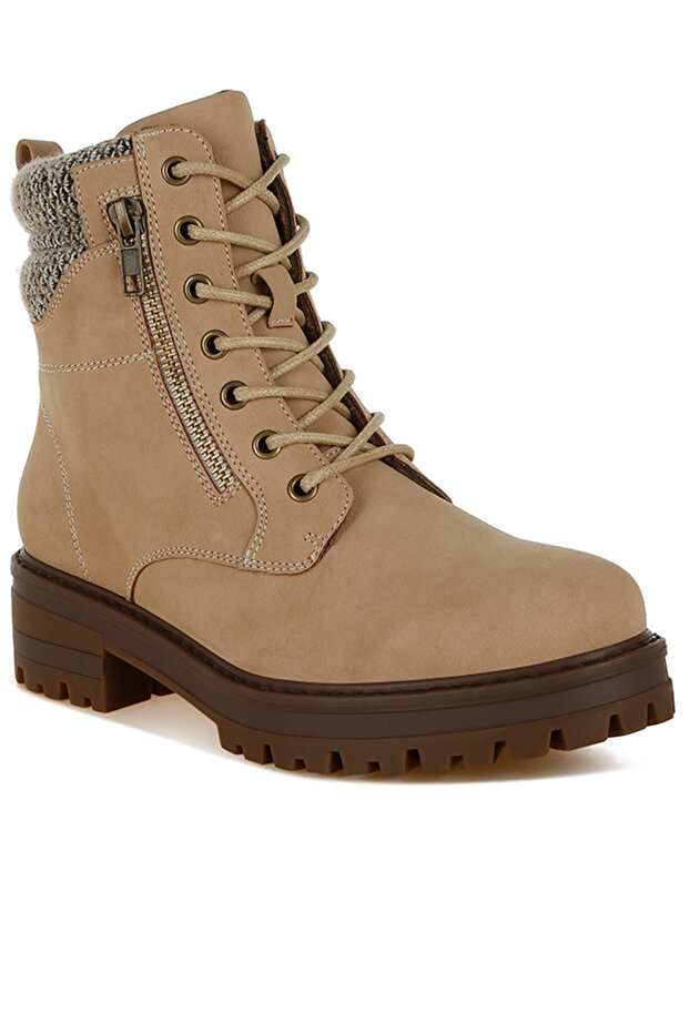 Women Knitted Collar Zip-Up Hiker Boots in Beige