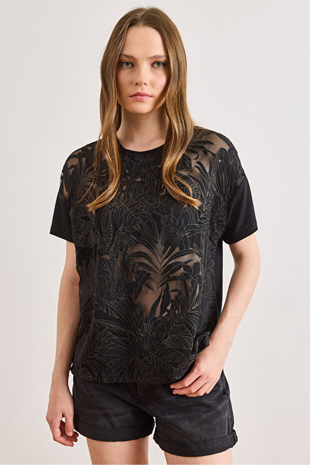 Women's Black Semi Sheer Devore T-Shirt Tsh-19000949