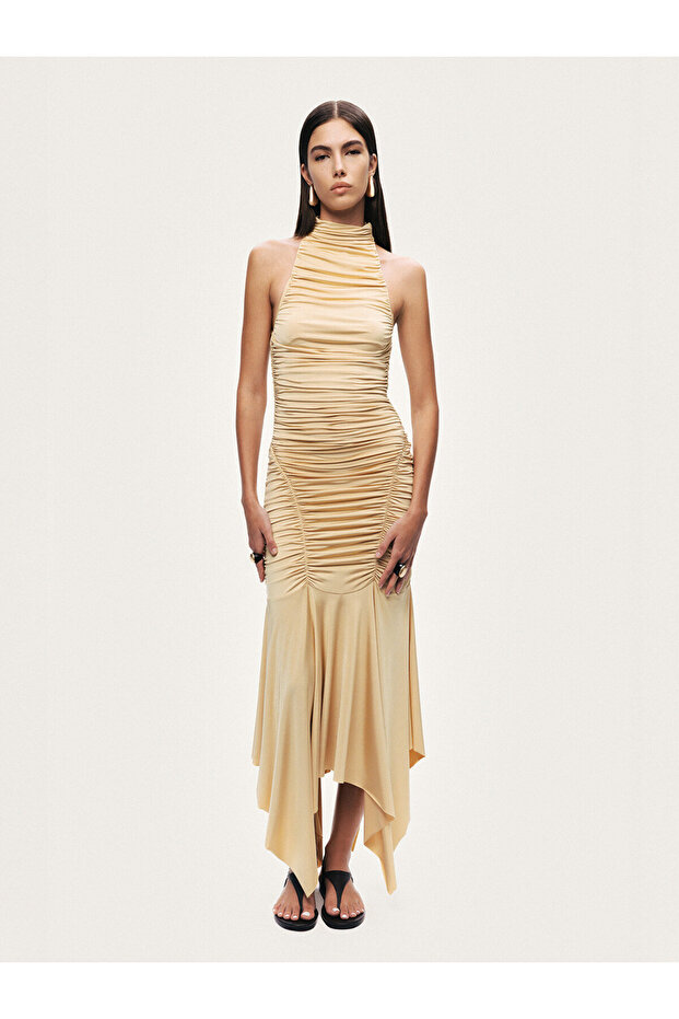 Halter Yaka Drapeli Midi Elbise - 1