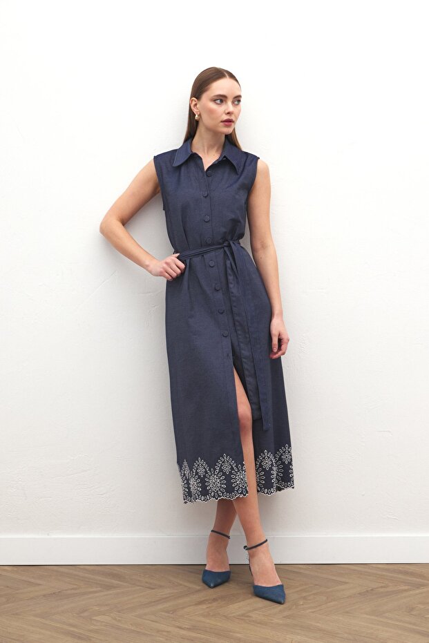 Long Dress with Embroidery Detail - Navy Blue