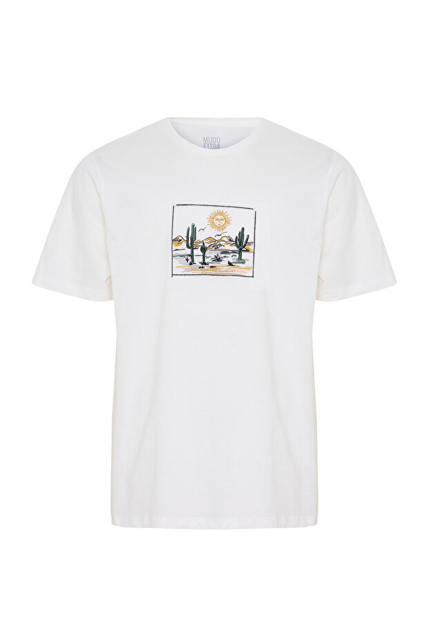 Men's White Loose Fit Embroidered Crew Neck T-Shirt