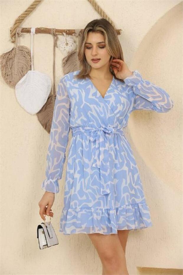 Women's Patterned Mini Chiffon Dress Dprssn37 - Blue