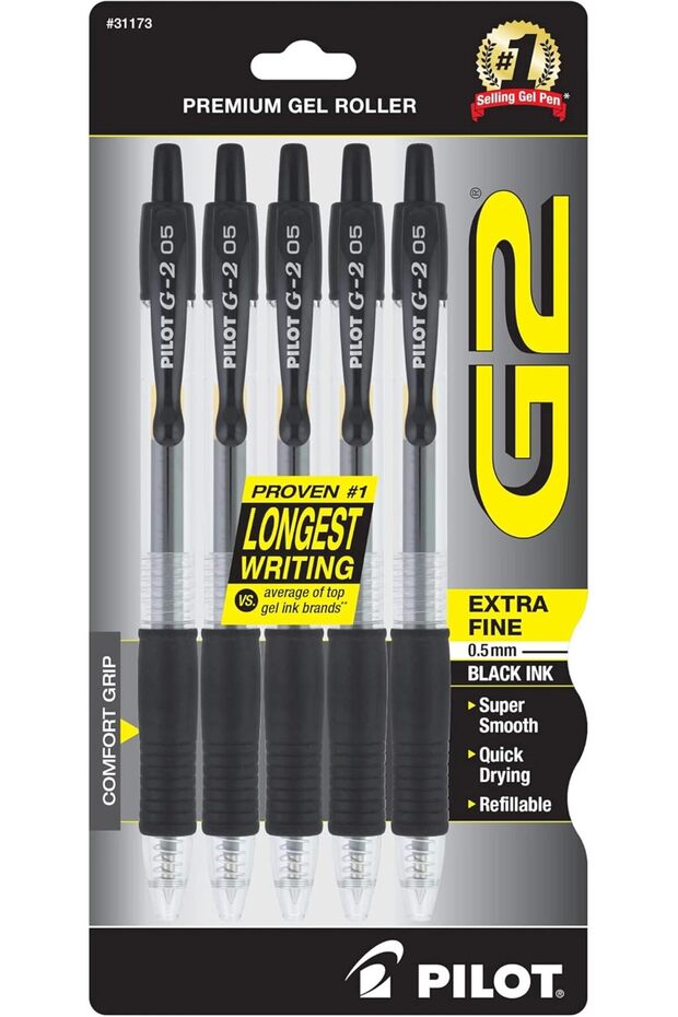 G2 Premium Refillable and Retractable Rolling Ball Gel Pens, Extra Fine Point, Black Ink, 5-Pa