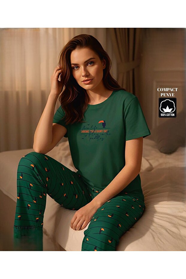 طقم بيجامة أساسي مطبوع بأكمام قصيرة من القطن الممشط المضغوط - 1