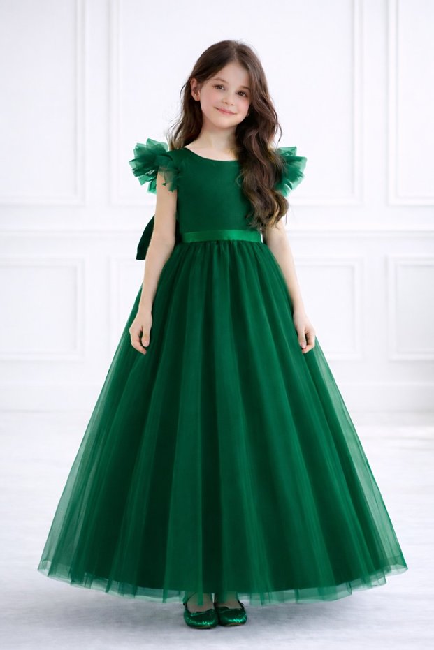 Girl's Emerald Green Tulle Piece Princess Evening Dress-Ruffle Sleeves Back Bow Detail Special Occasion Dress