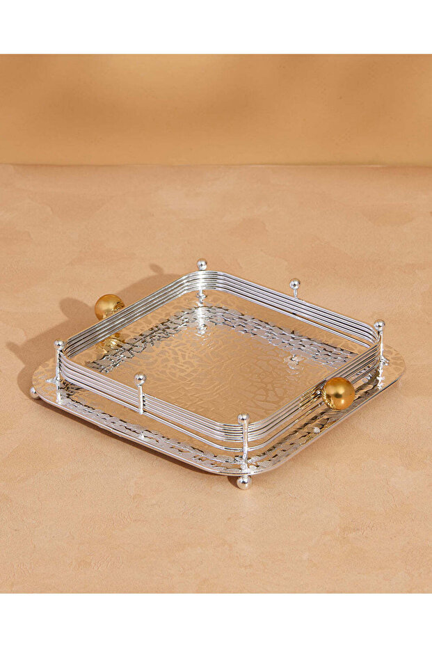 صينية تقديم معدنية مربعة فضية اللون - متوسطة الحجم - 2