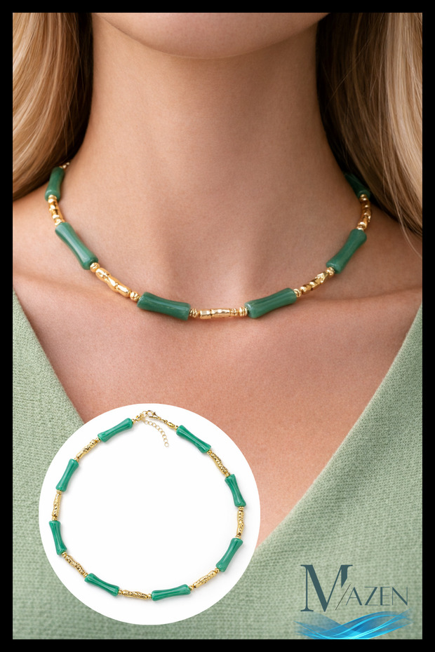 Bamboo Bone Bead Necklace 40+5 cm | Gold Detailed Bead Design Women's Necklace