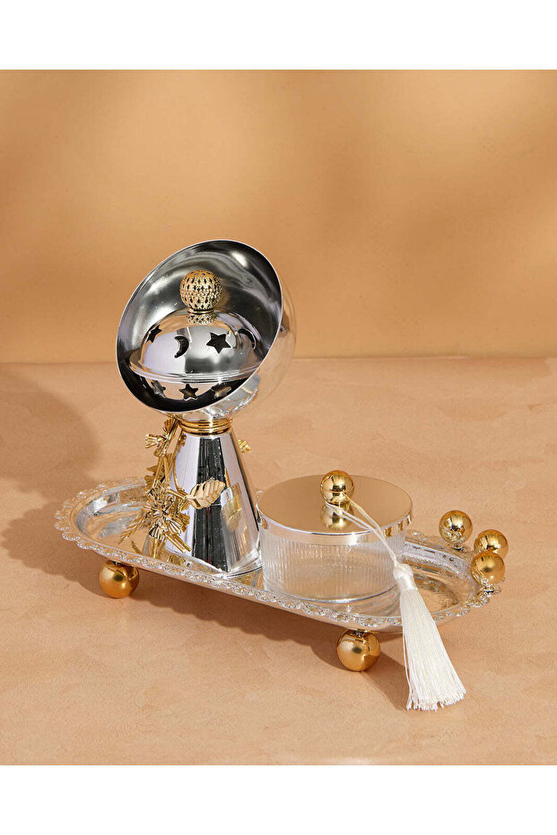 طقم صينية تقديم فضية مع وعاء وموزع عطر - 2