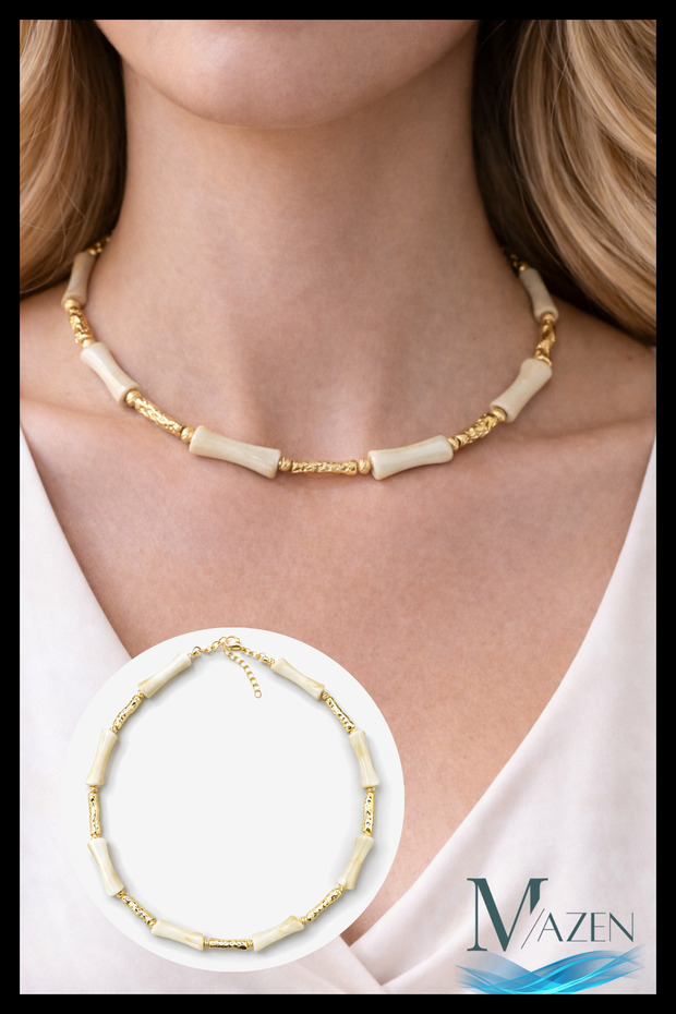Bamboo Bone Bead Necklace 40+5 cm |   Gold Detailed Bead Design Women's Necklace