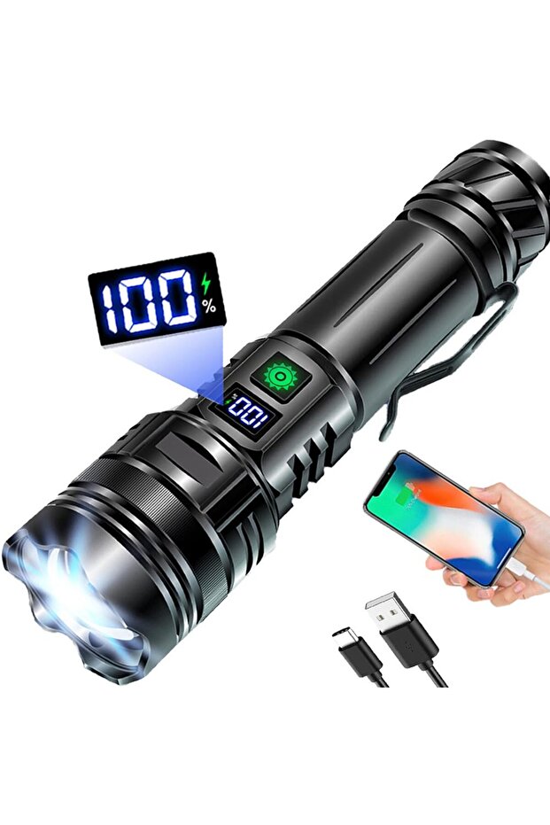 مصباح يدوي LED قابل لإعادة الشحن، مزود بشاشة عرض رقمية للطاقة و5 أوضاع إضاءة، مقاوم للماء وقابل للتكبير.